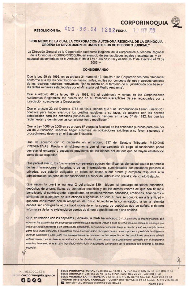 Resolución devolución títulos judiciales